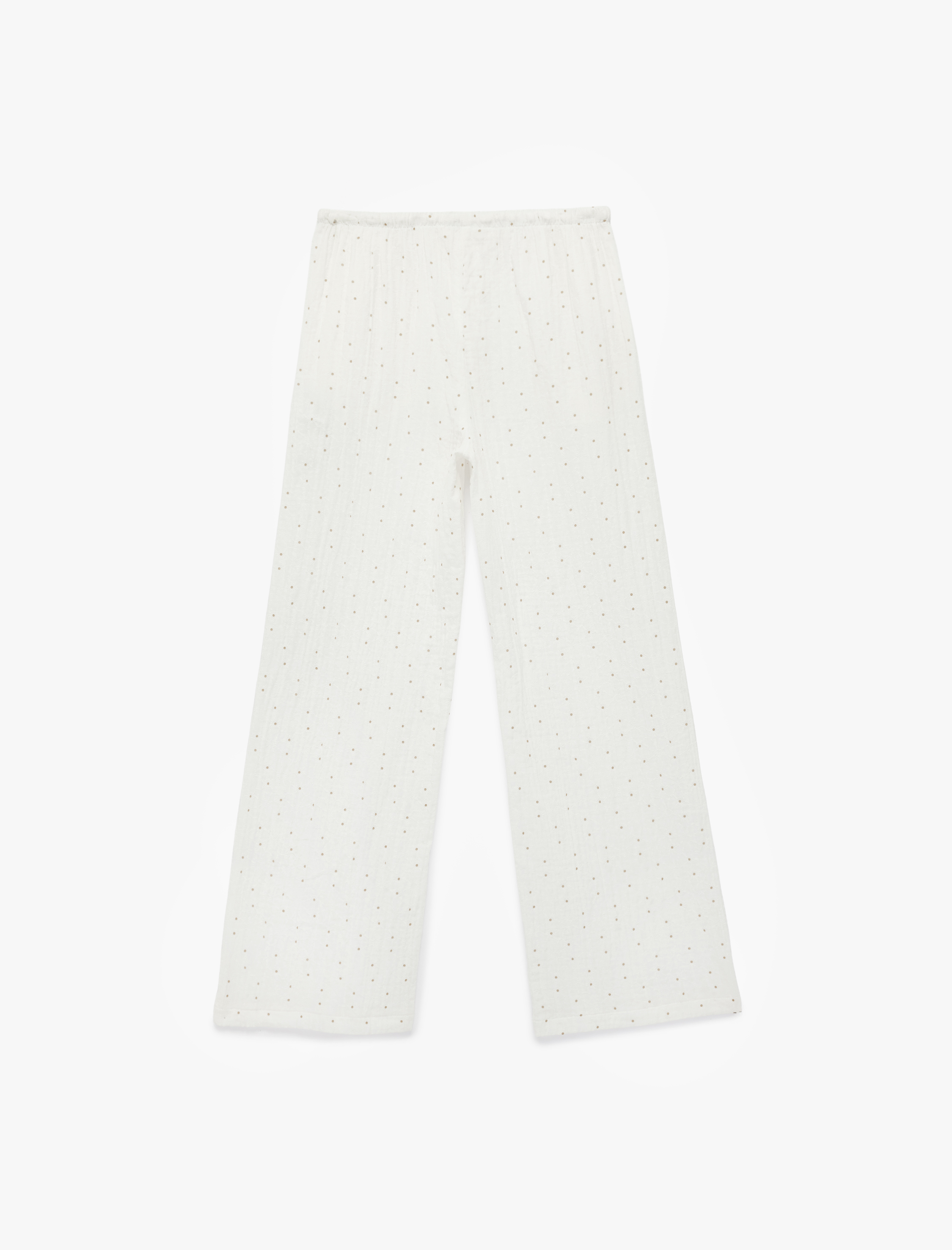   Puantiyeli Beli Bağcıklı Rahat Kalıp Geniş Paça Müslin Pantolon