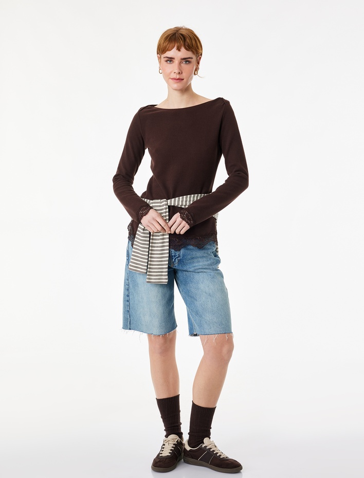  Dantel Detaylı Asimetrik Kesim Kayık Yaka Uzun Kollu Tişört