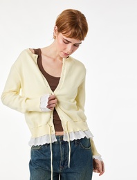 Pamuklu Uzun Kollu Bisiklet Yaka Fırfır Detaylı Düğmeli Triko Hırka