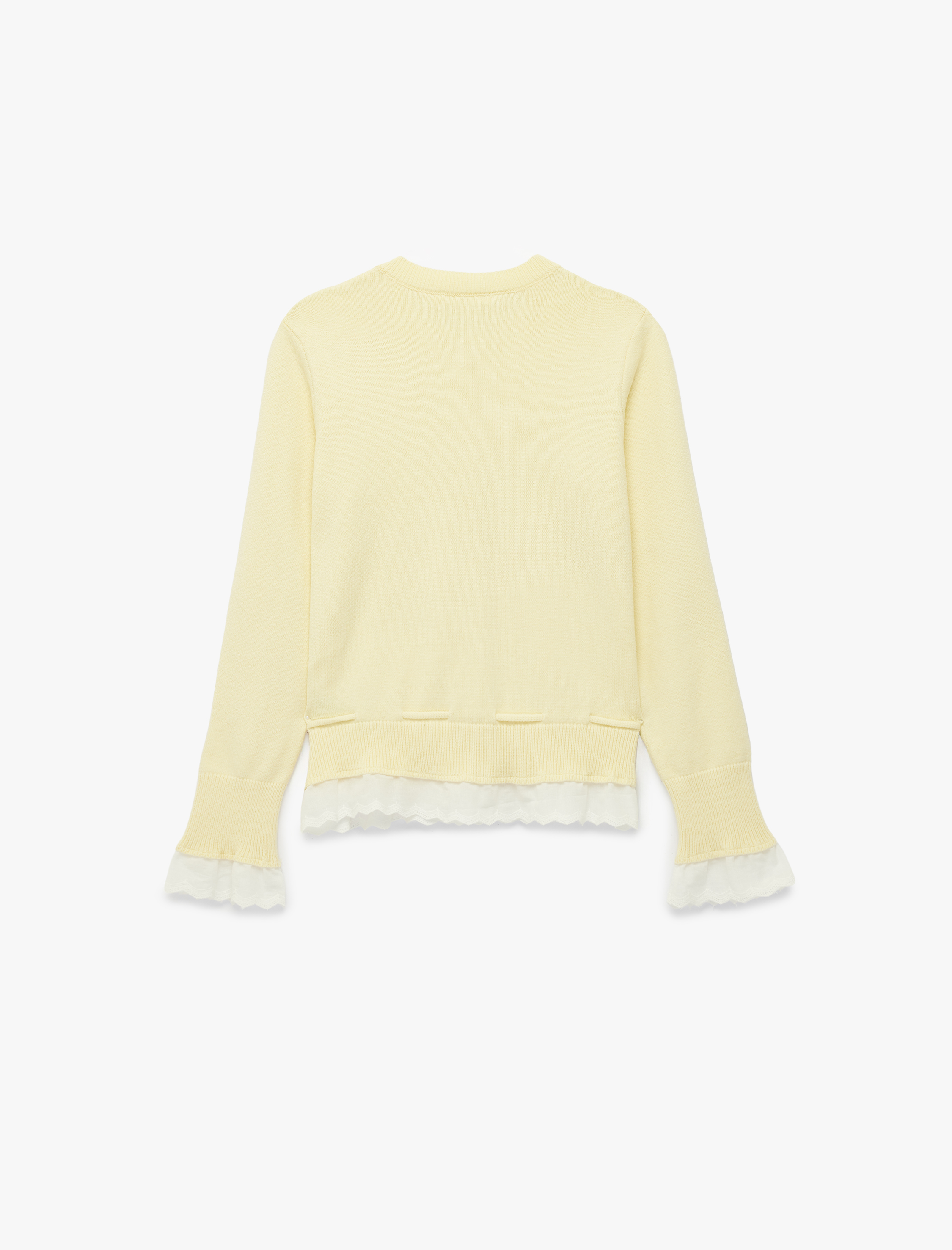   Pamuklu Uzun Kollu Bisiklet Yaka Fırfır Detaylı Düğmeli Triko Hırka