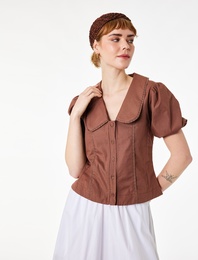 Pamuklu Kısa Balon Kollu Düğmeli Bebe Yaka Dantelli Gömlek