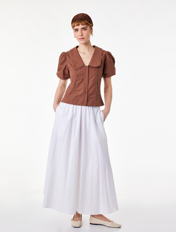  Pamuklu Kısa Balon Kollu Düğmeli Bebe Yaka Dantelli Gömlek