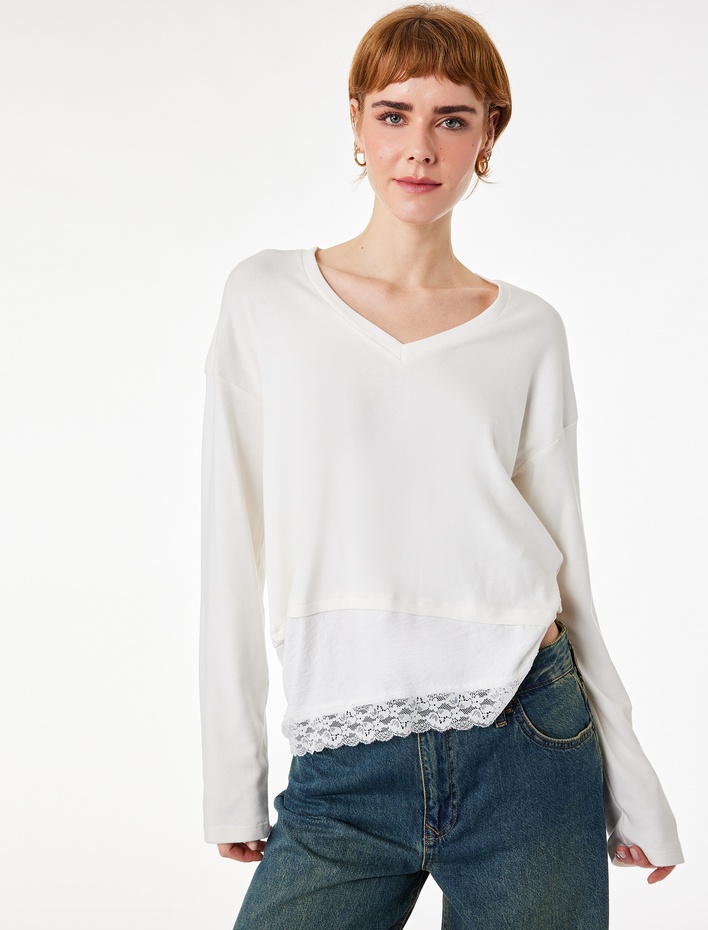  Modal Karışımlı Dantel Detaylı V Yaka Uzun Kollu Asimetrik Tişört