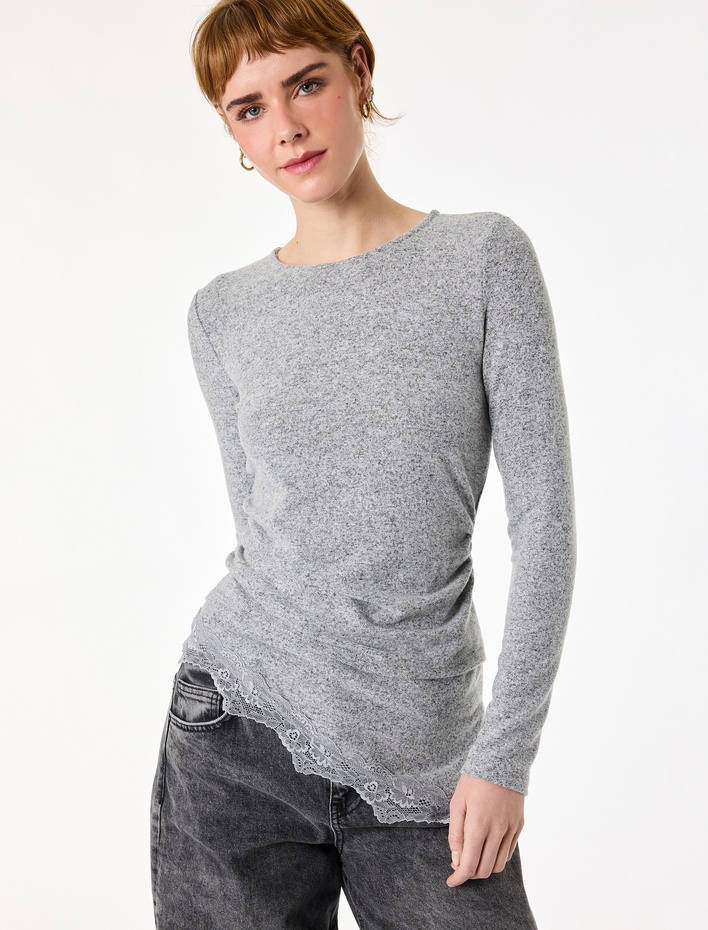  Slim Fit Uzun Kollu Viskon Karışımlı Dantel Detaylı Asimetrik Tişört