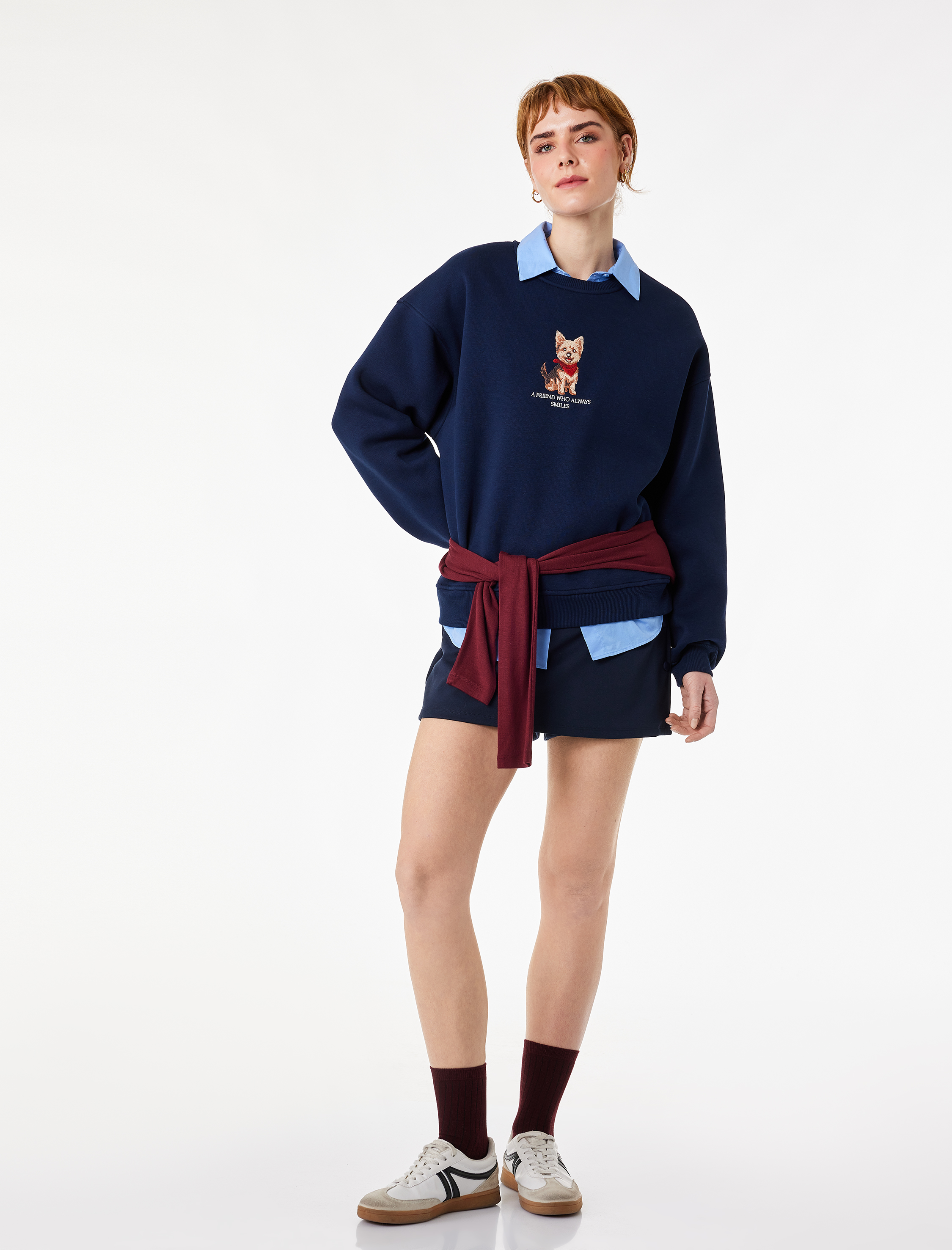   Şardonlu Rahat Kalıp Bisiklet Yaka Köpek Baskılı Sweatshirt