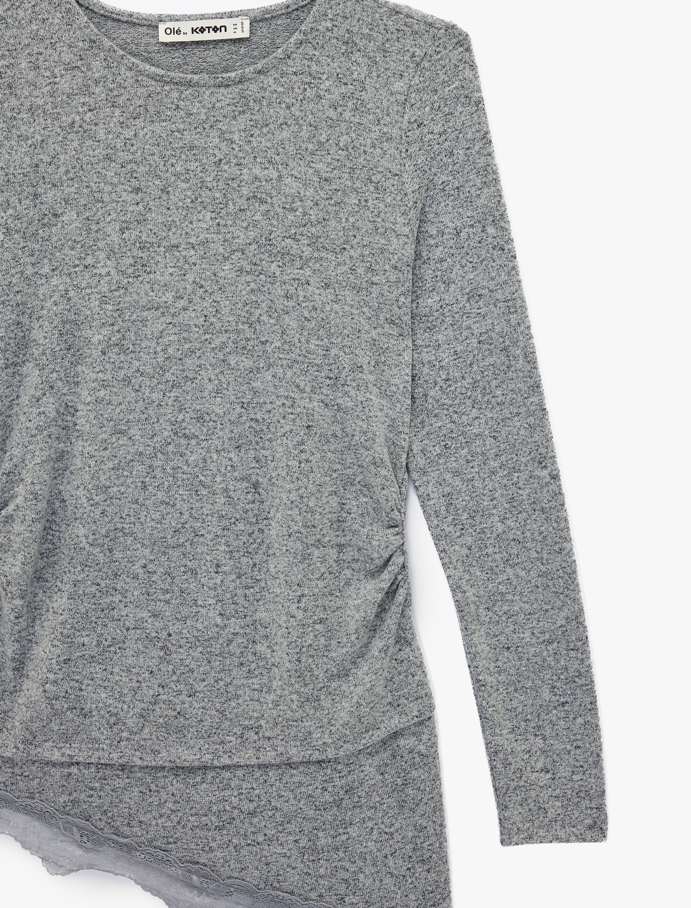   Slim Fit Uzun Kollu Viskon Karışımlı Dantel Detaylı Asimetrik Tişört