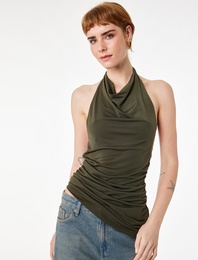 Asimetrik Kesim Slim Fit Drapeli Kolsuz Degaje Yaka Bluz