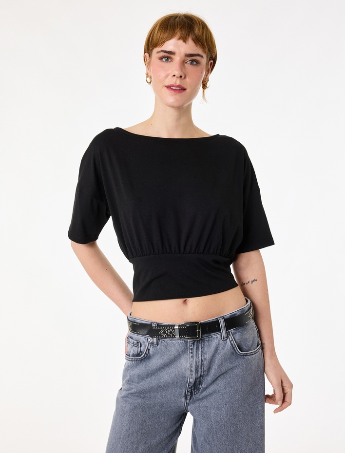  Kısa Kollu Viskon Karışımlı Kayık Yaka Crop Tişört