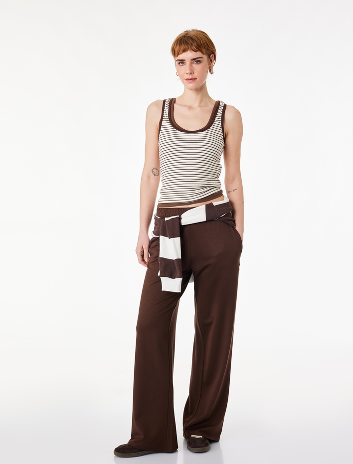  Beli Lastikli Cepli Viskon Rahat Kalıp Geniş Paça Eşofman Altı