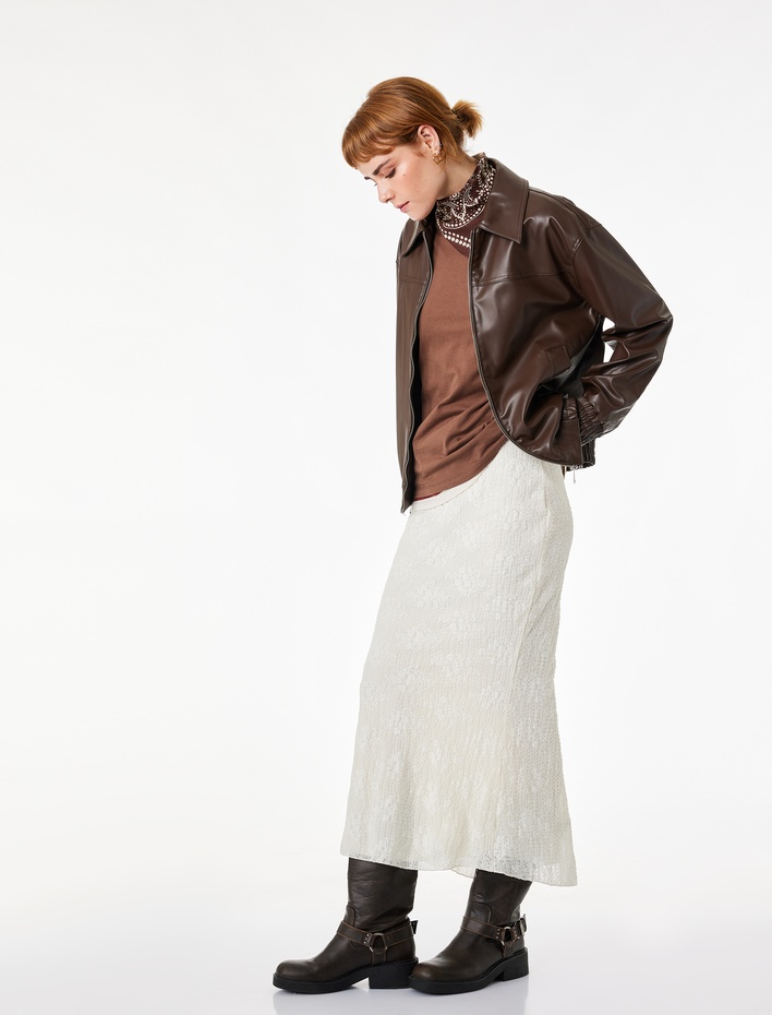  Yırtmaçlı A Kesim Dantel Midi Etek