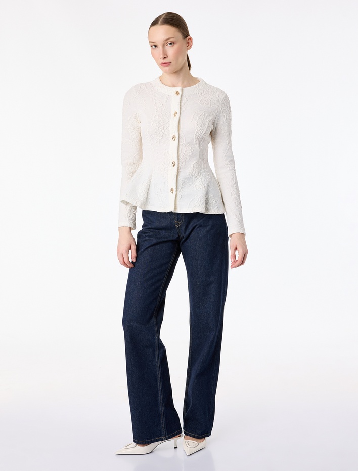  Slim Fit Mücevher Düğme Detaylı Uzun Kollu Bisiklet Yaka Floral Dokulu Hırka