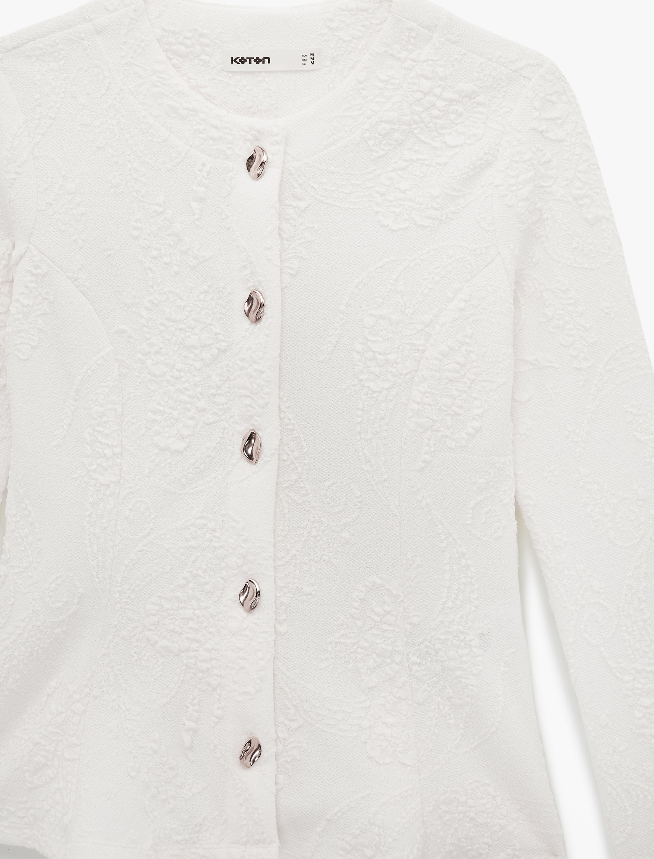   Slim Fit Mücevher Düğme Detaylı Uzun Kollu Bisiklet Yaka Floral Dokulu Hırka