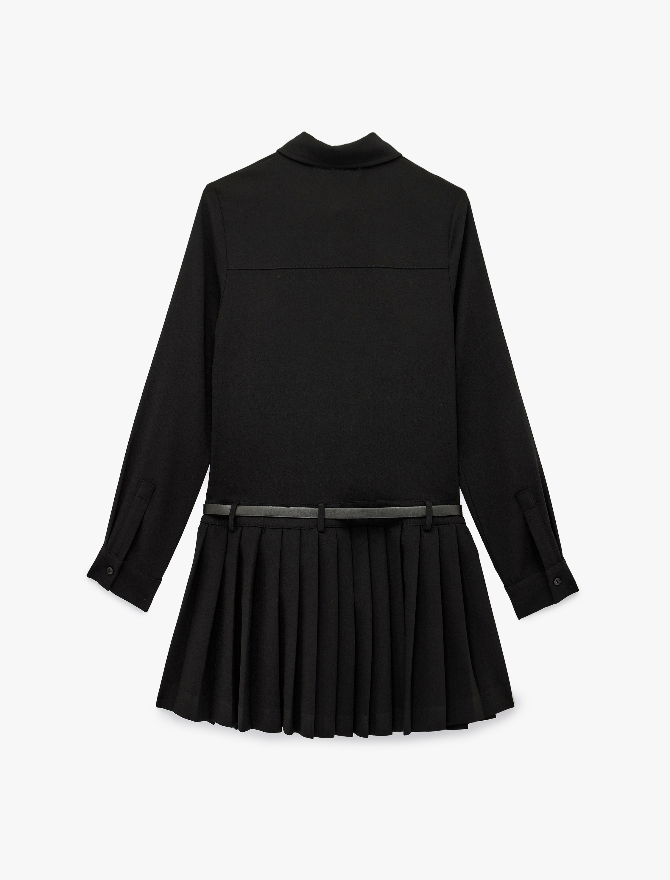   Uzun Kollu Düğmeli Kemer Detaylı Pileli Mini Gömlek Elbise