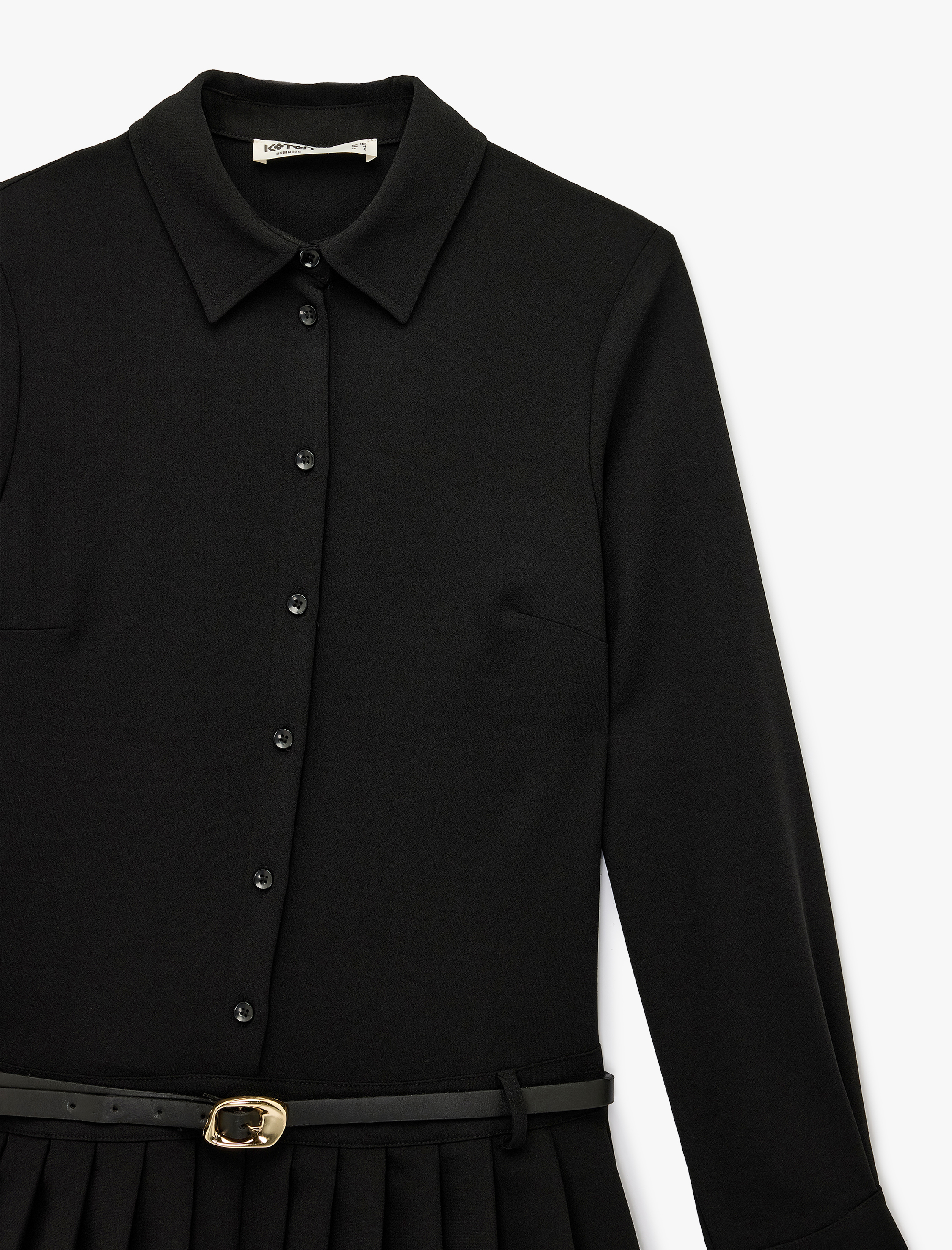   Uzun Kollu Düğmeli Kemer Detaylı Pileli Mini Gömlek Elbise