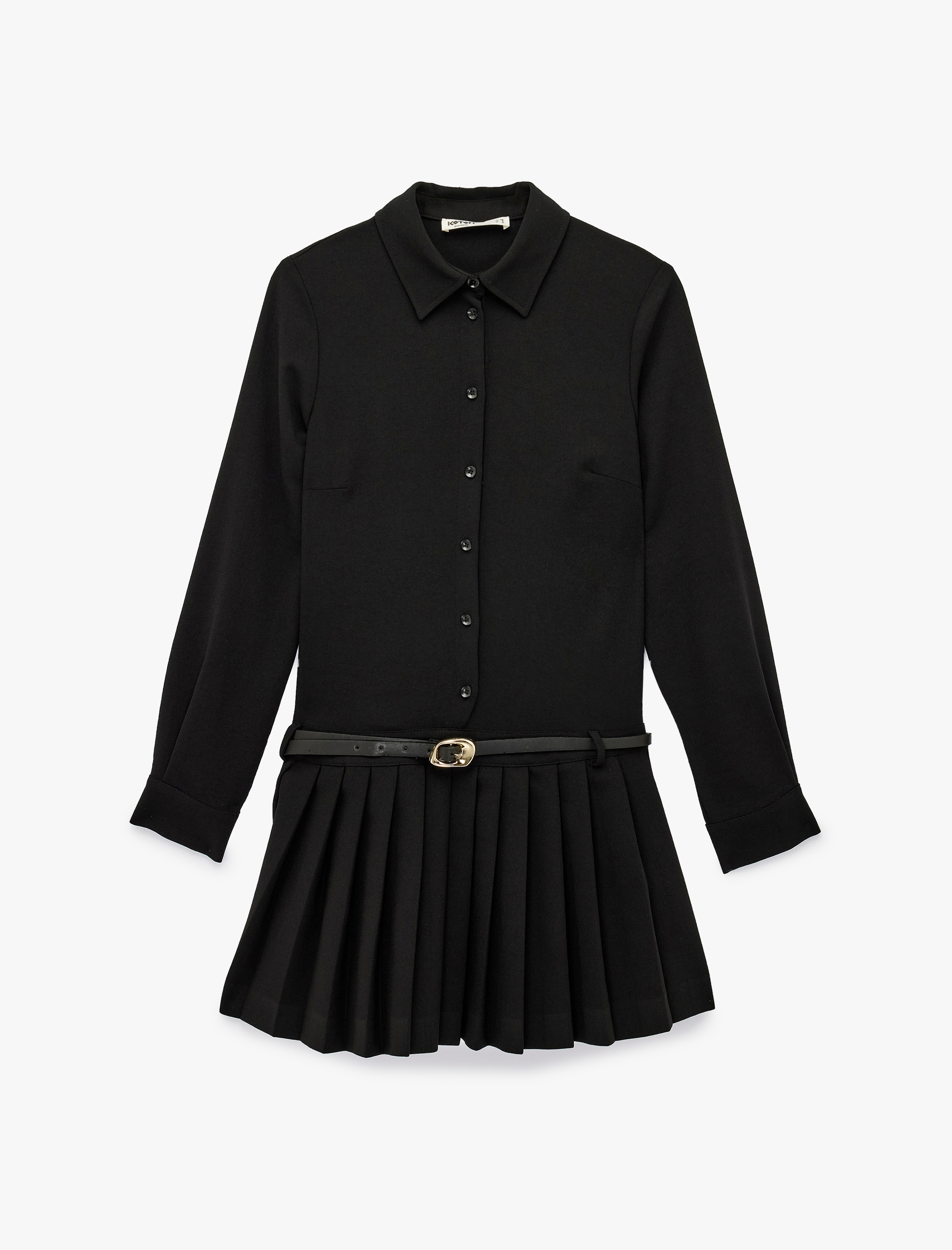   Uzun Kollu Düğmeli Kemer Detaylı Pileli Mini Gömlek Elbise