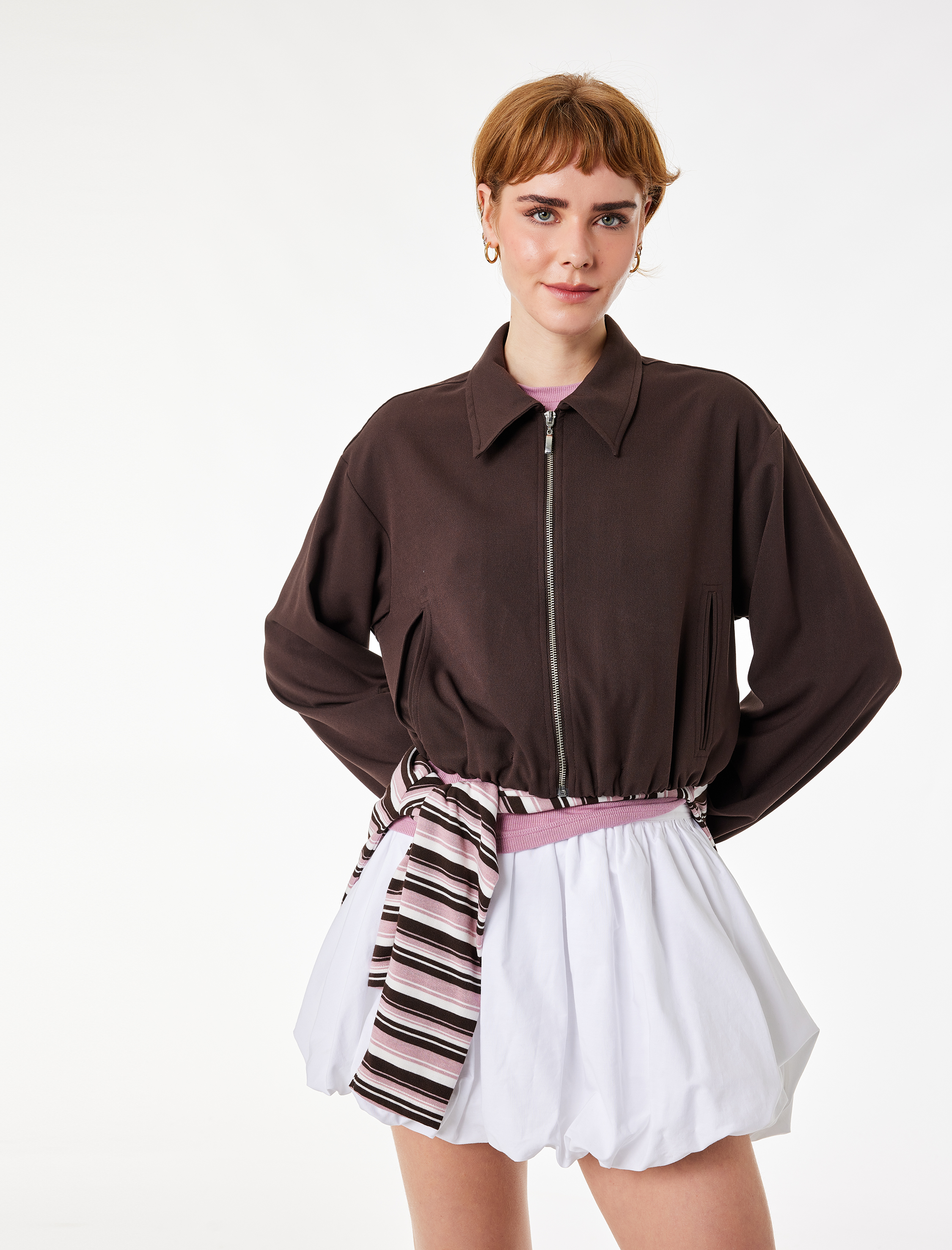   Uzun Kollu Klasik Yaka Viskon Karışımlı Fermuarlı Ceket