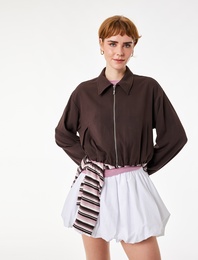 Uzun Kollu Klasik Yaka Viskon Karışımlı Fermuarlı Ceket