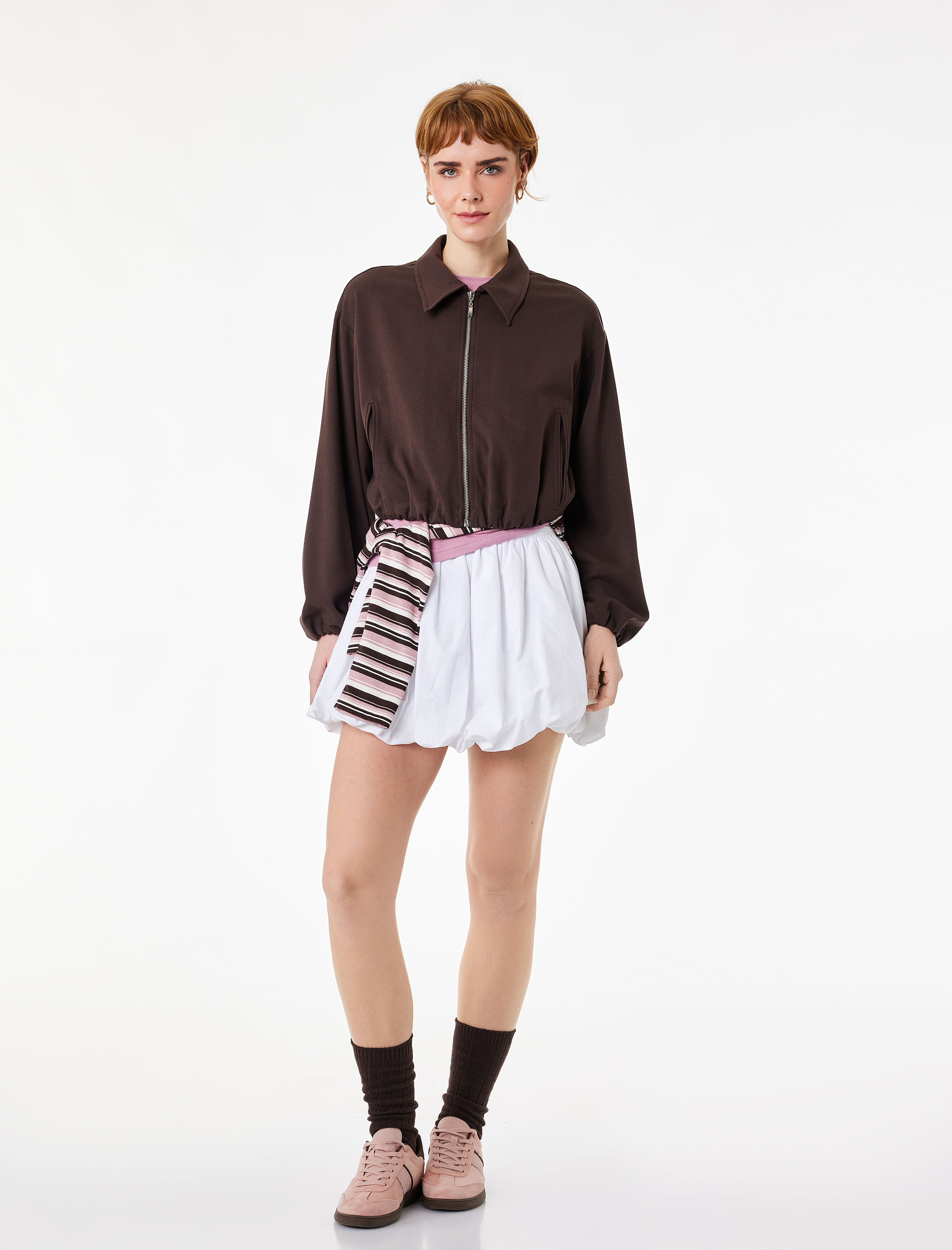   Uzun Kollu Klasik Yaka Viskon Karışımlı Fermuarlı Ceket