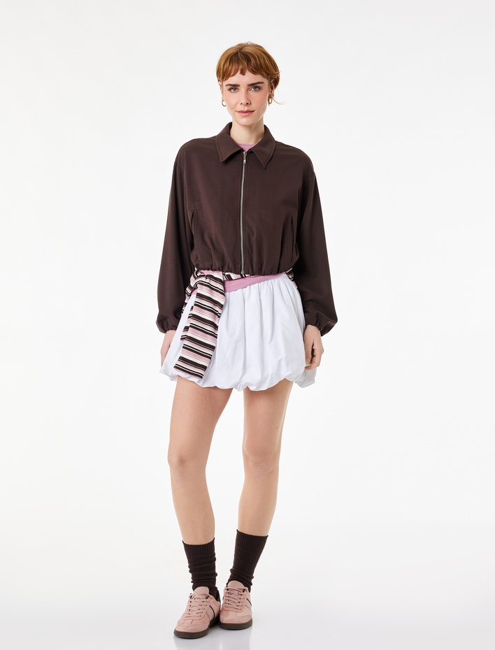  Uzun Kollu Klasik Yaka Viskon Karışımlı Fermuarlı Ceket