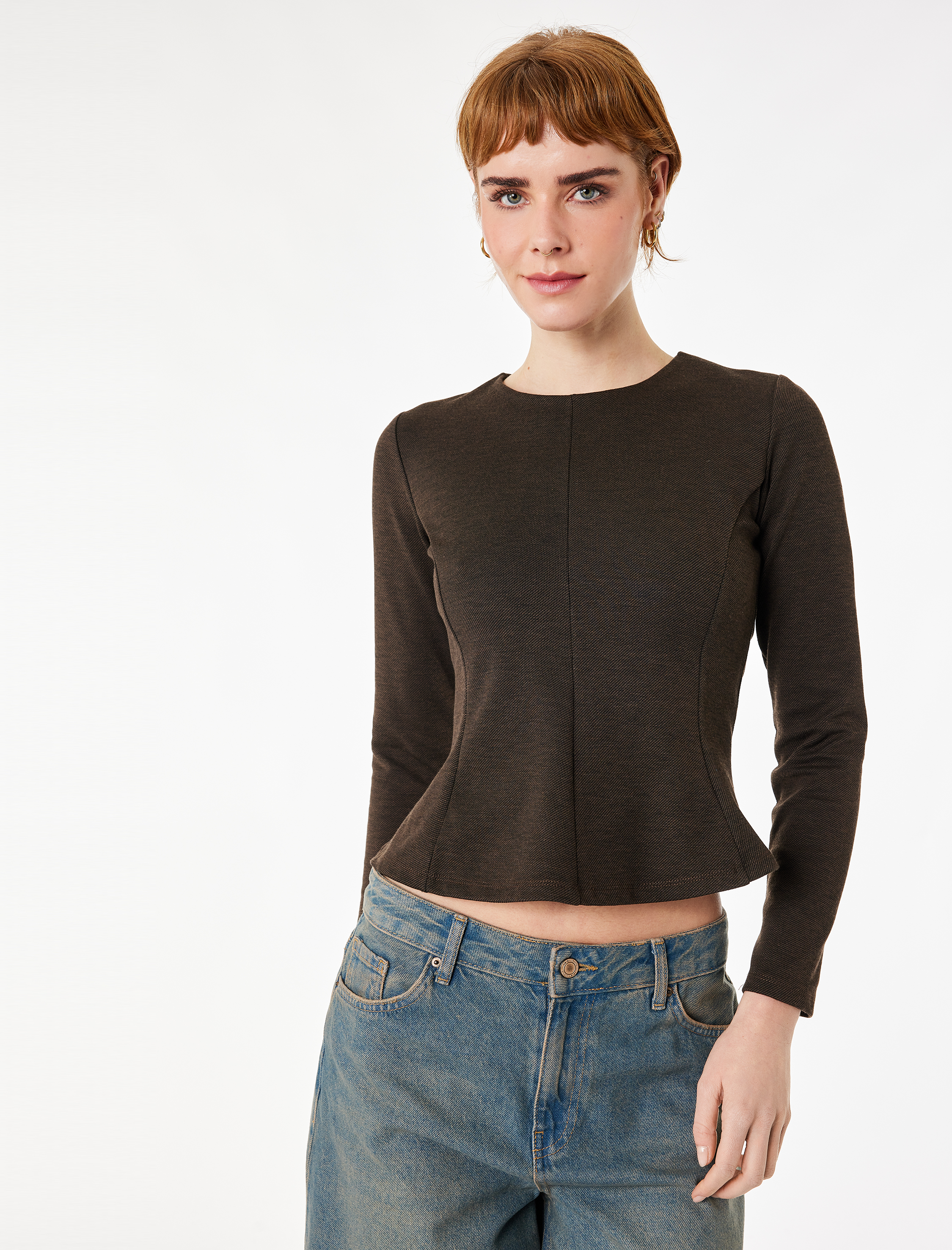   Nervürlü Fermuarlı Uzun Kollu Bisiklet Yaka Peplum Tişört