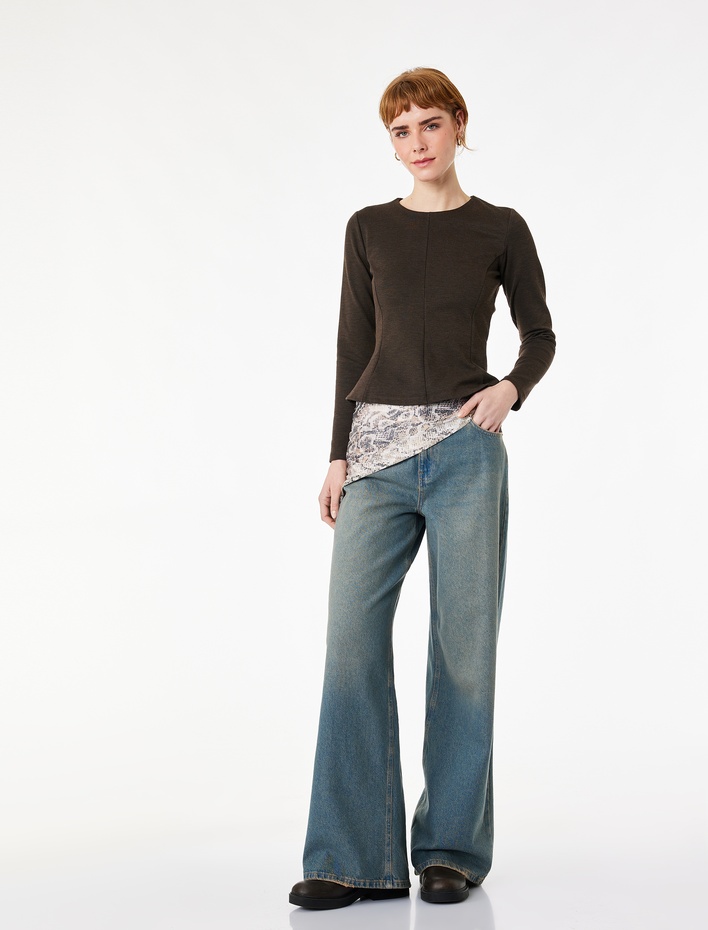  Nervürlü Fermuarlı Uzun Kollu Bisiklet Yaka Peplum Tişört