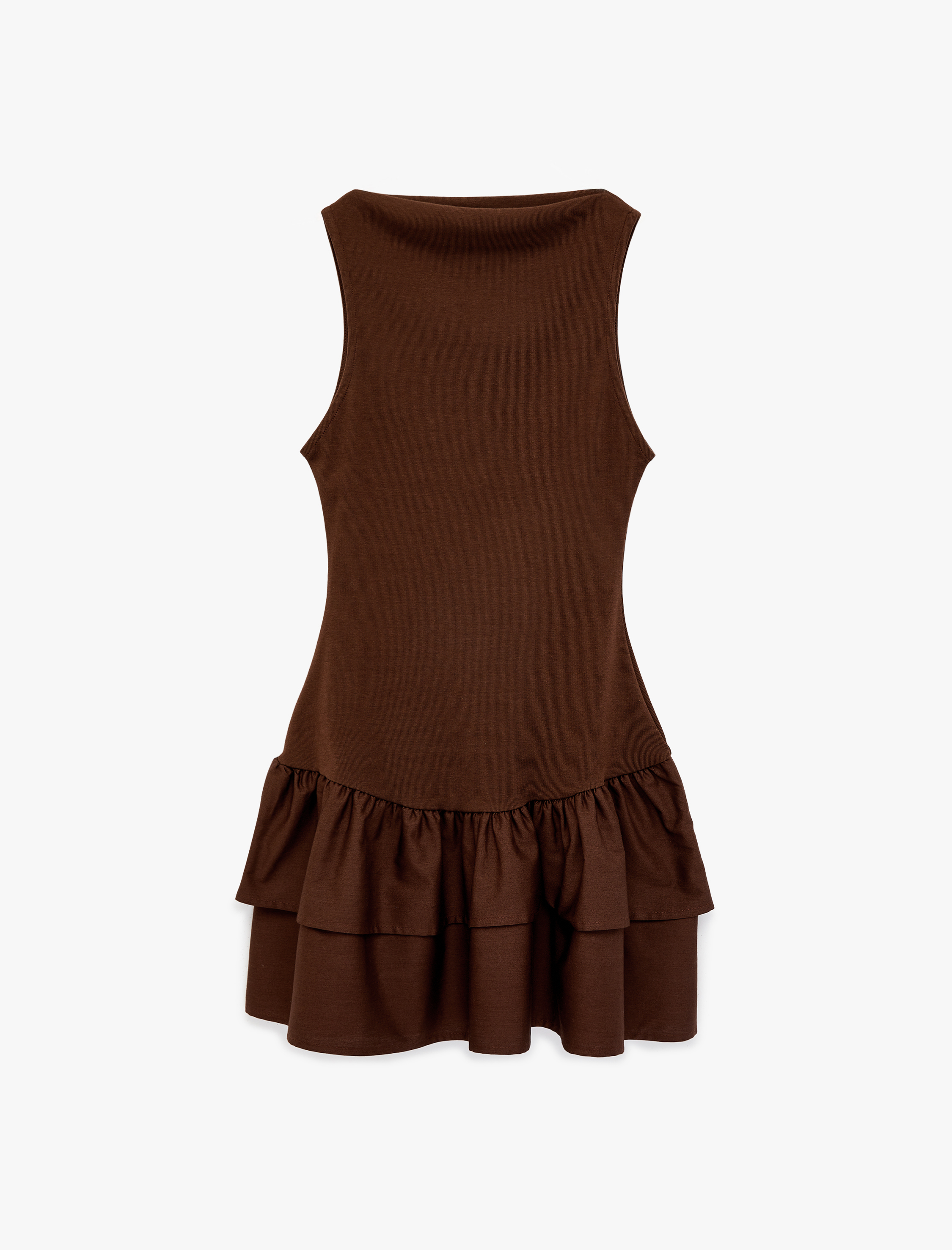   Kolsuz Bisiklet Yaka Pamuklu Katlı Volanlı Mini Elbise