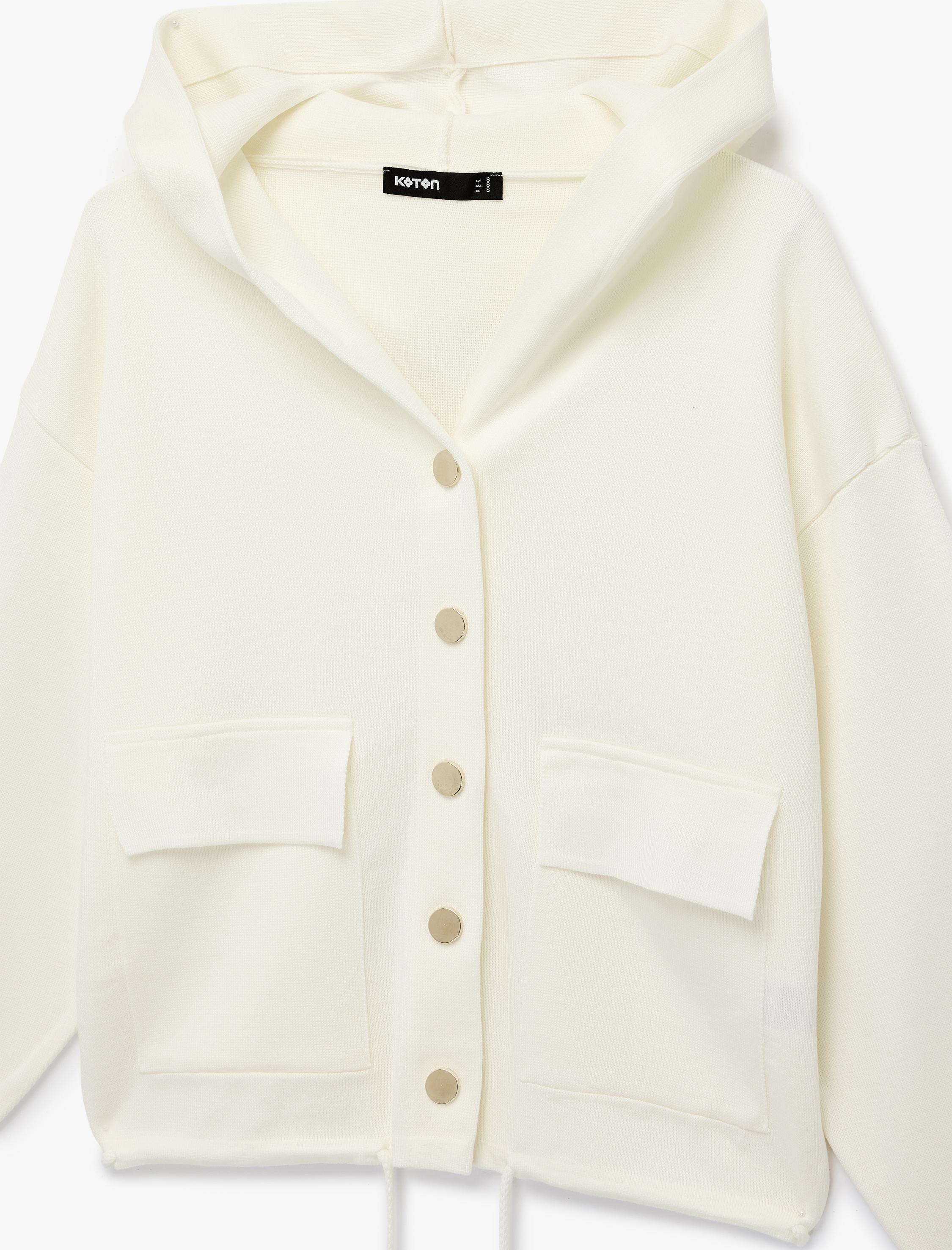   Uzun Kollu Bağlama Detaylı Cepli Düğmeli Kapüşonlu Triko Hırka