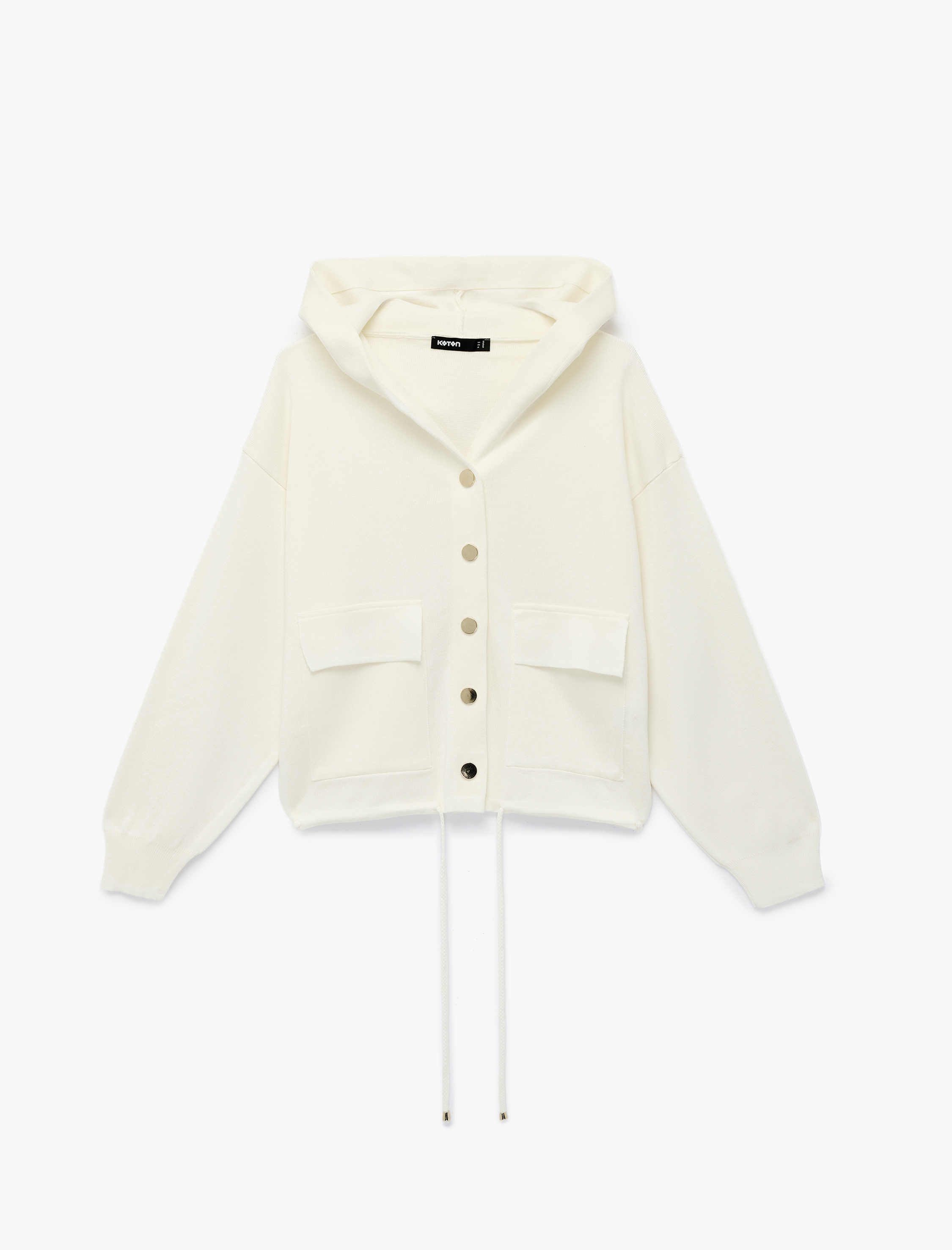   Uzun Kollu Bağlama Detaylı Cepli Düğmeli Kapüşonlu Triko Hırka