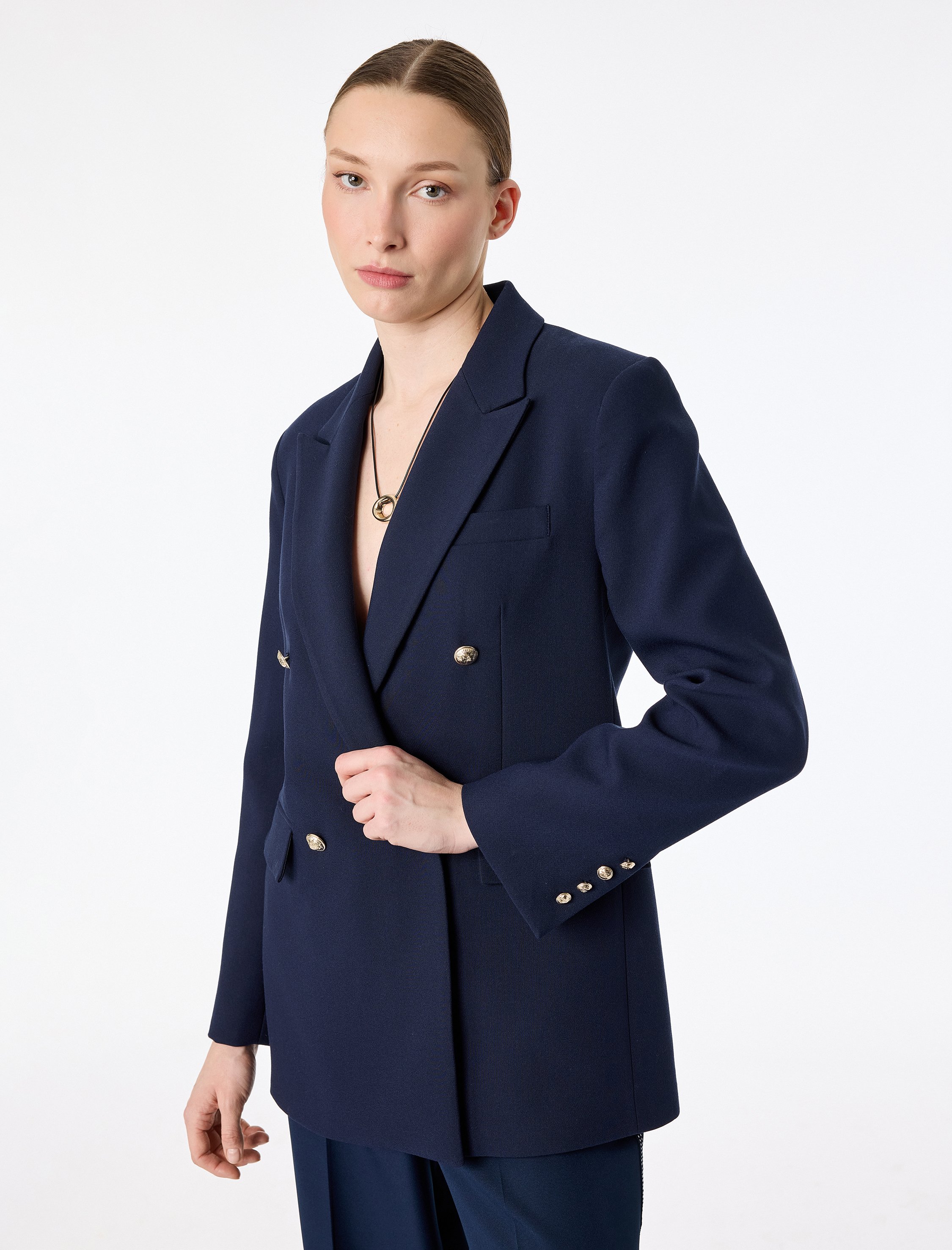   Kruvaze Yaka Uzun Kollu Cep Detaylı Metal Düğmeli Blazer Ceket