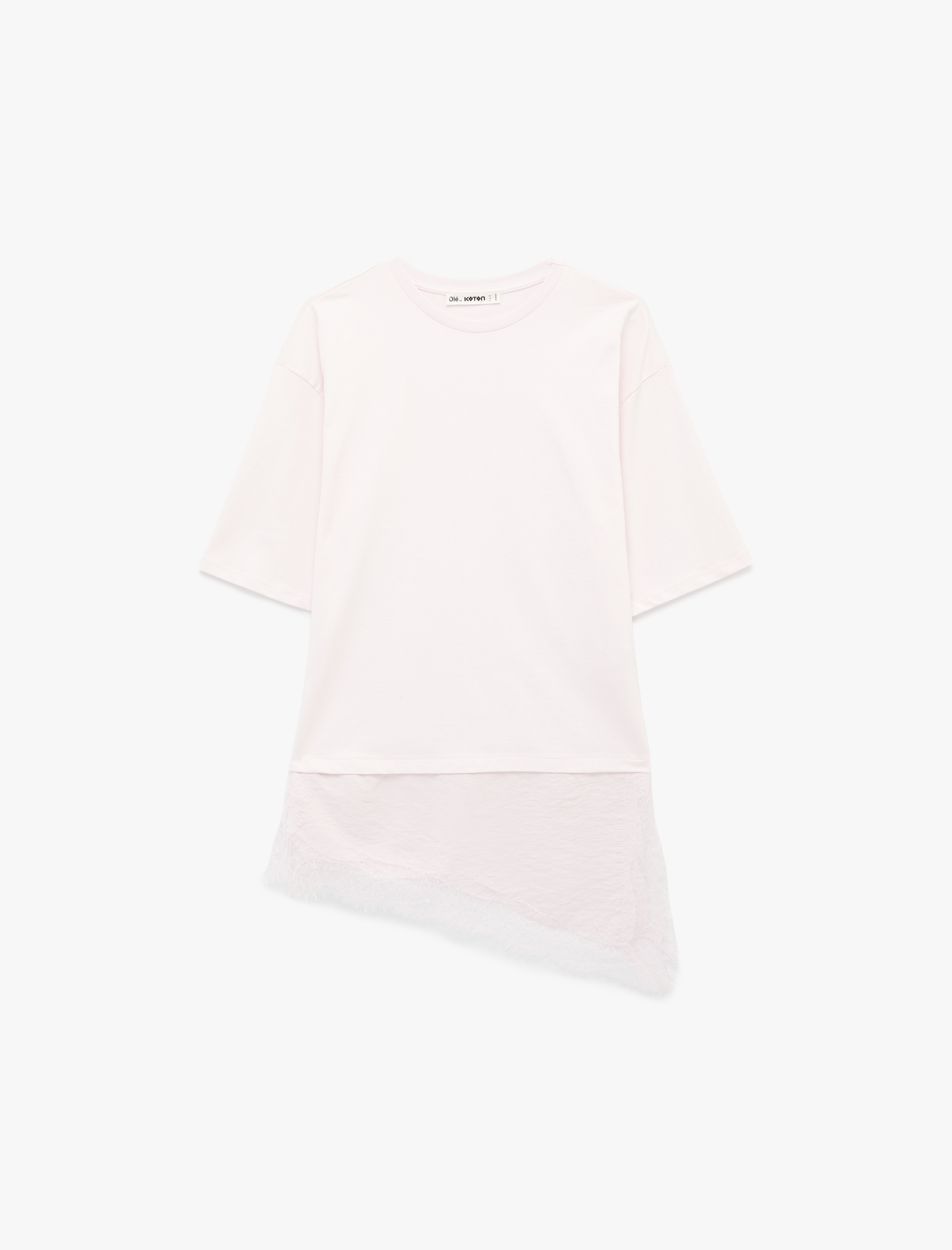   Regular Fit Kısa Kollu Bisiklet Yaka Asimetrik Dantel Detaylı Tişört