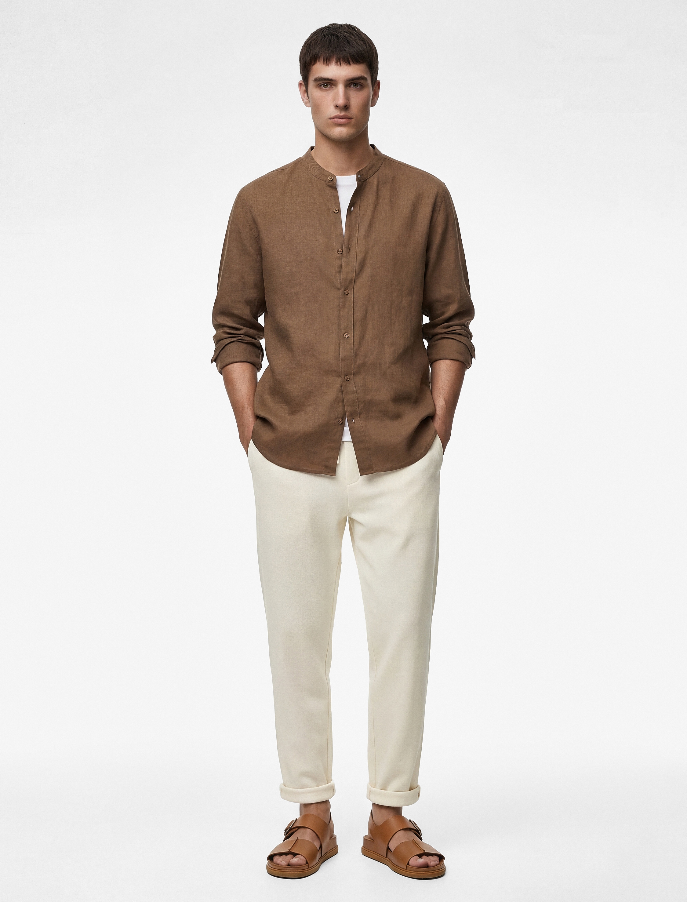 Regular Fit Uzun Kollu Düğmeli Hakim Yaka Keten Gömlek