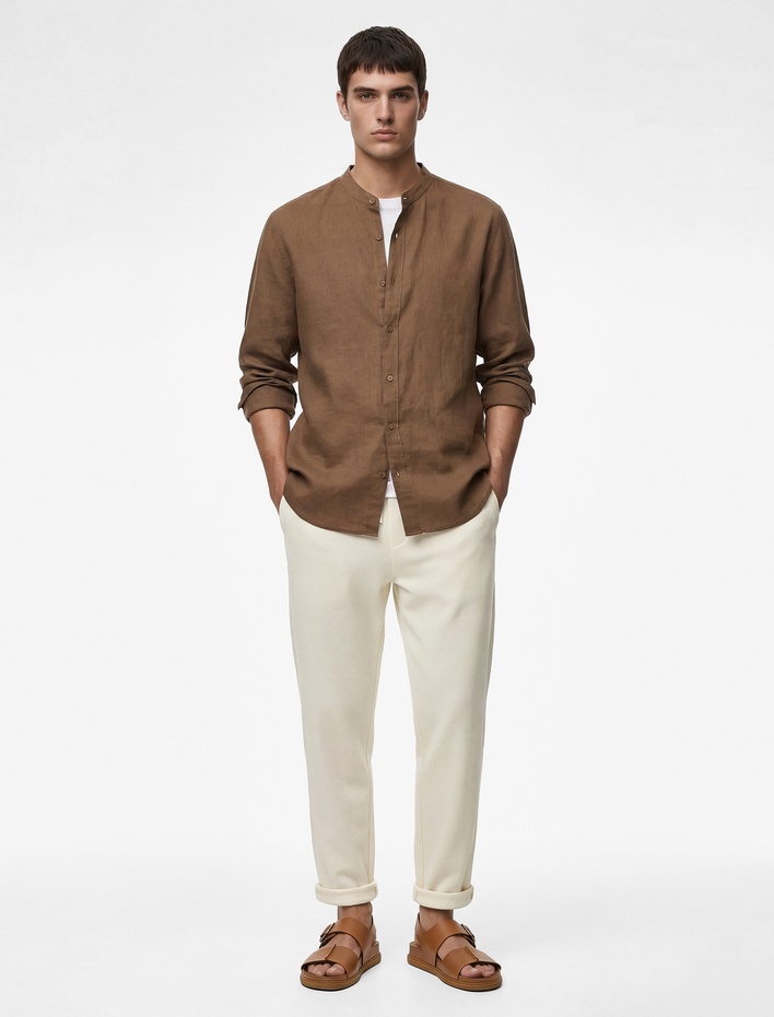  Regular Fit Uzun Kollu Düğmeli Hakim Yaka Keten Gömlek