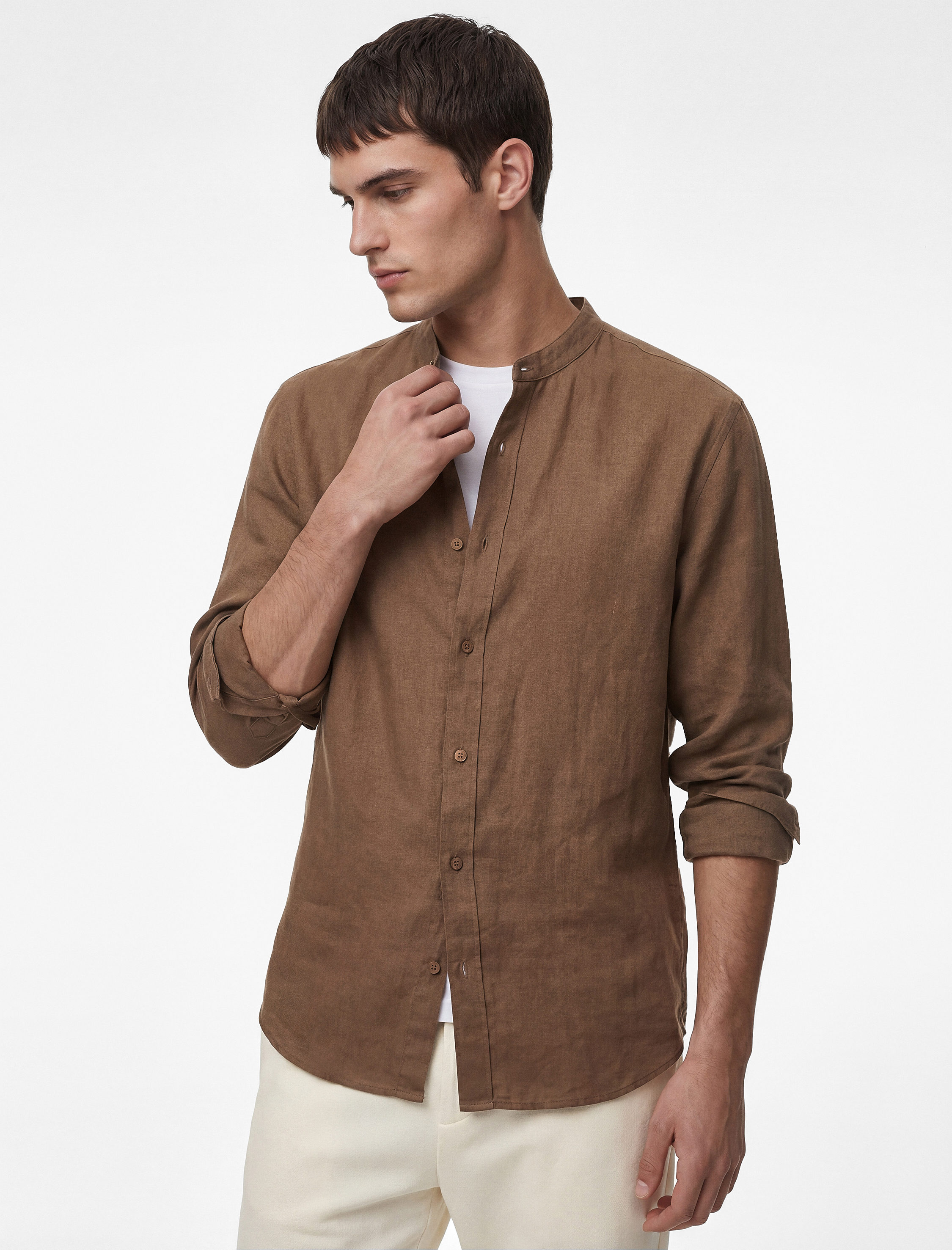 Regular Fit Uzun Kollu Düğmeli Hakim Yaka Keten Gömlek - Görsel 2