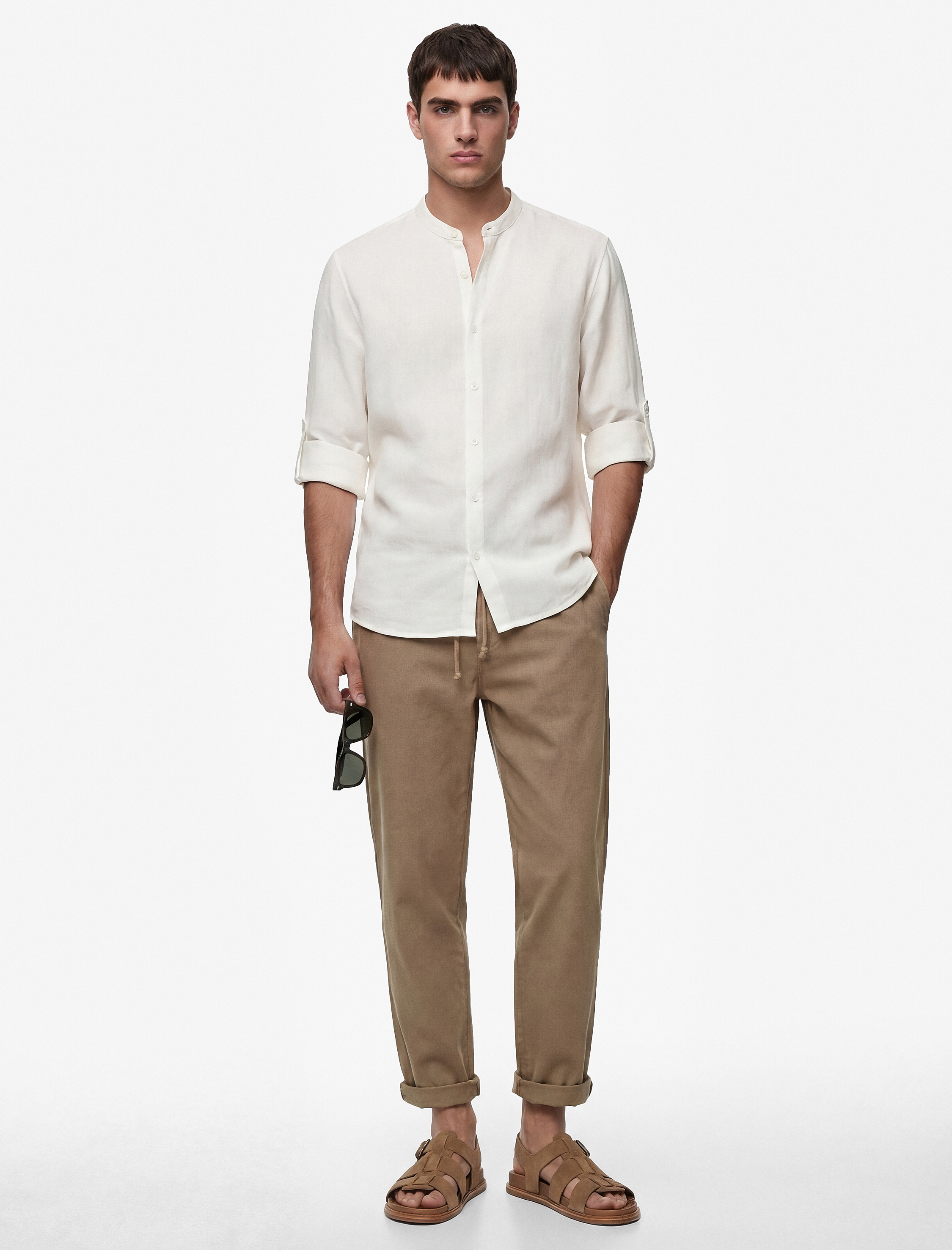   Regular Fit Uzun Kollu Düğmeli Hakim Yaka Keten Gömlek