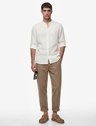 Regular Fit Uzun Kollu Düğmeli Hakim Yaka Keten Gömlek