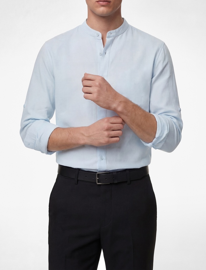  Regular Fit Uzun Kollu Düğmeli Hakim Yaka Keten Gömlek
