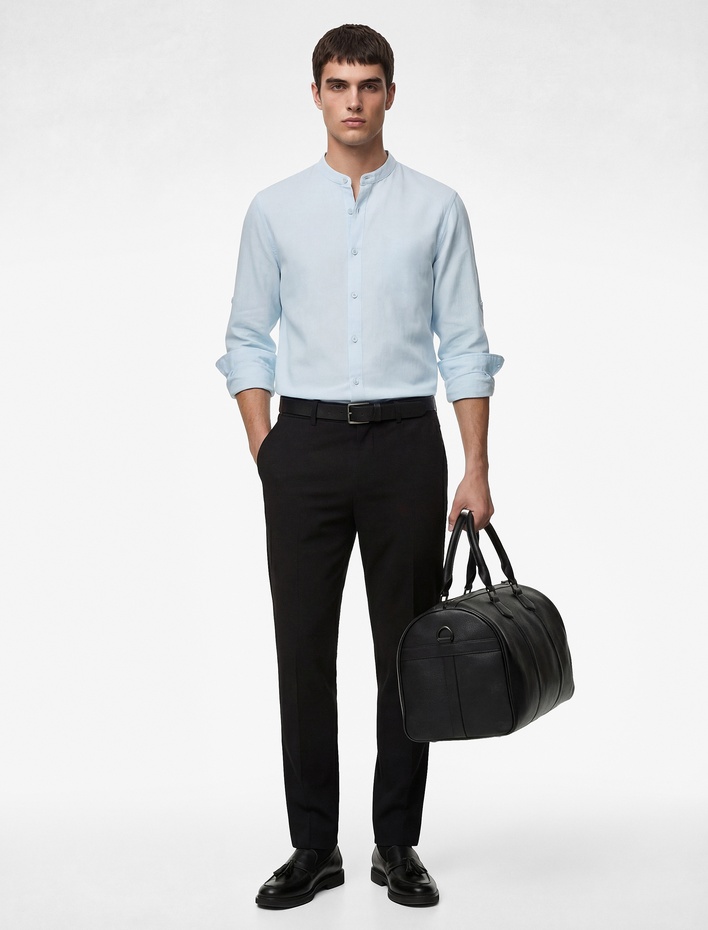  Regular Fit Uzun Kollu Düğmeli Hakim Yaka Keten Gömlek