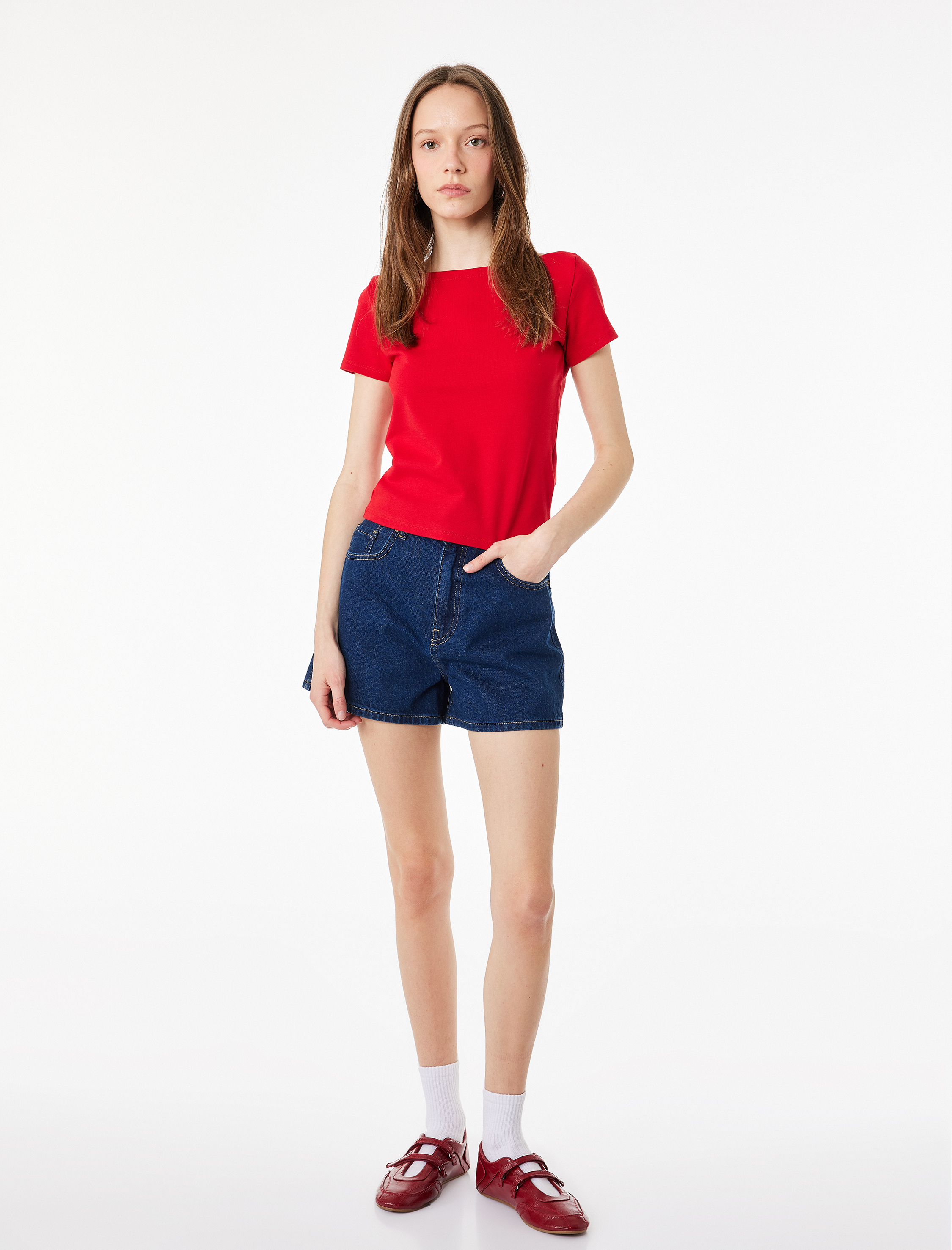   Pamuklu Kısa Kollu Kayık Yaka Slim Fit Tişört