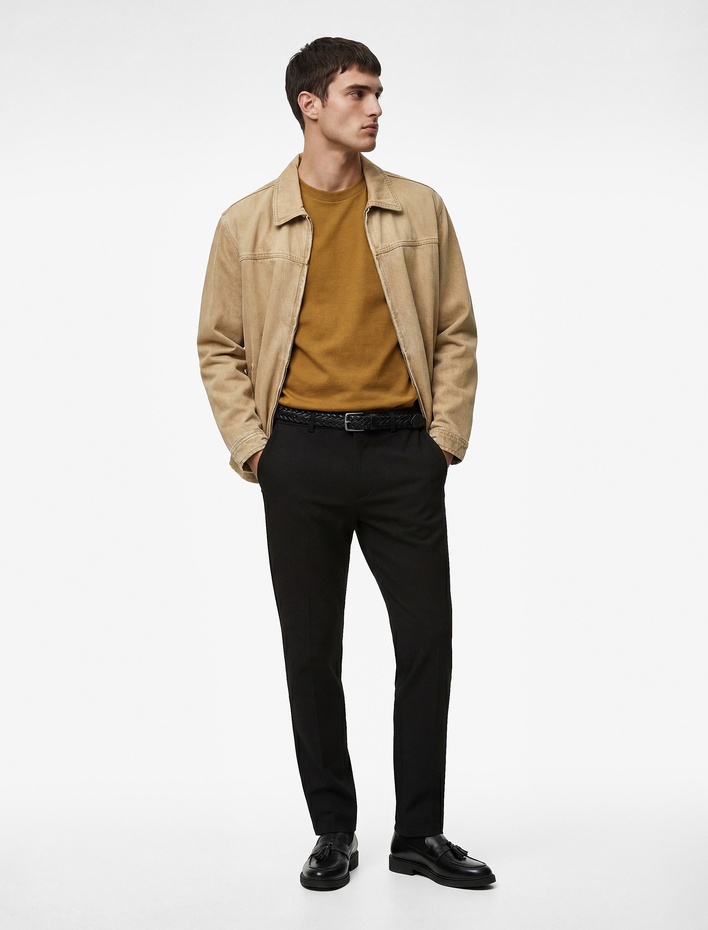  Regular Fit Klasik Yaka Cepli Pamuklu Fermuarlı Jean Gömlek Ceket