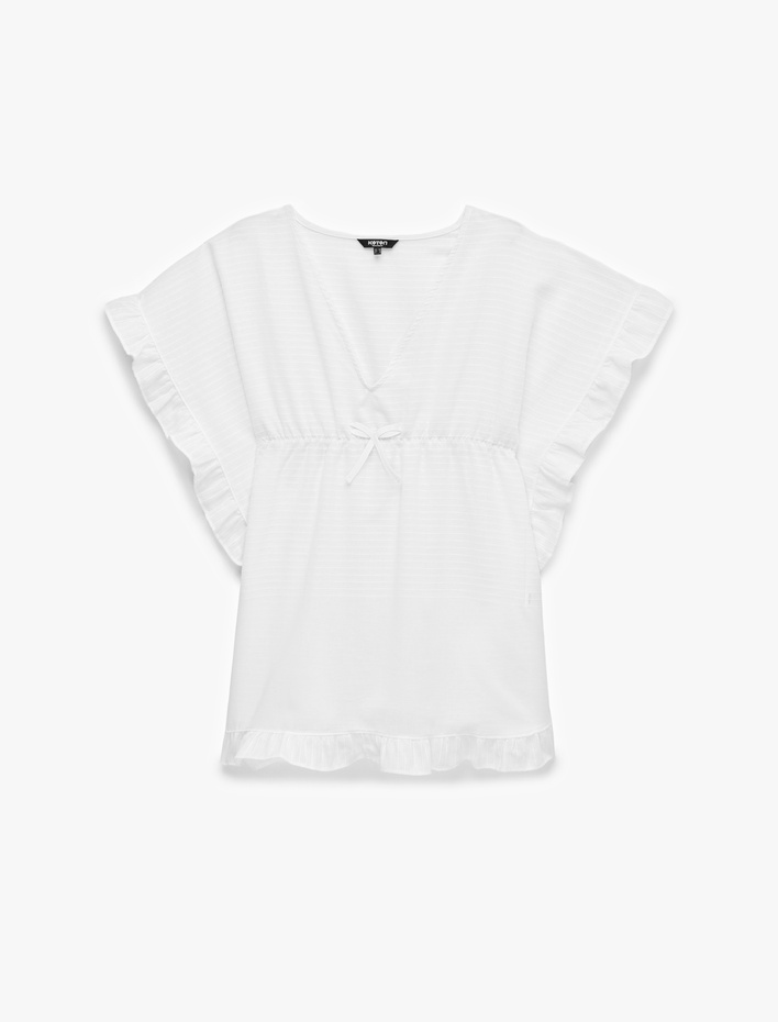  Pamuklu Oversize Fırfırlı Mini Plaj Elbisesi