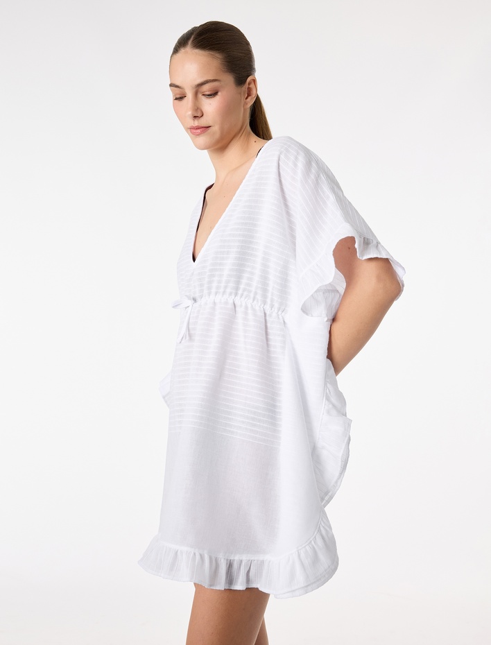  Pamuklu Oversize Fırfırlı Mini Plaj Elbisesi