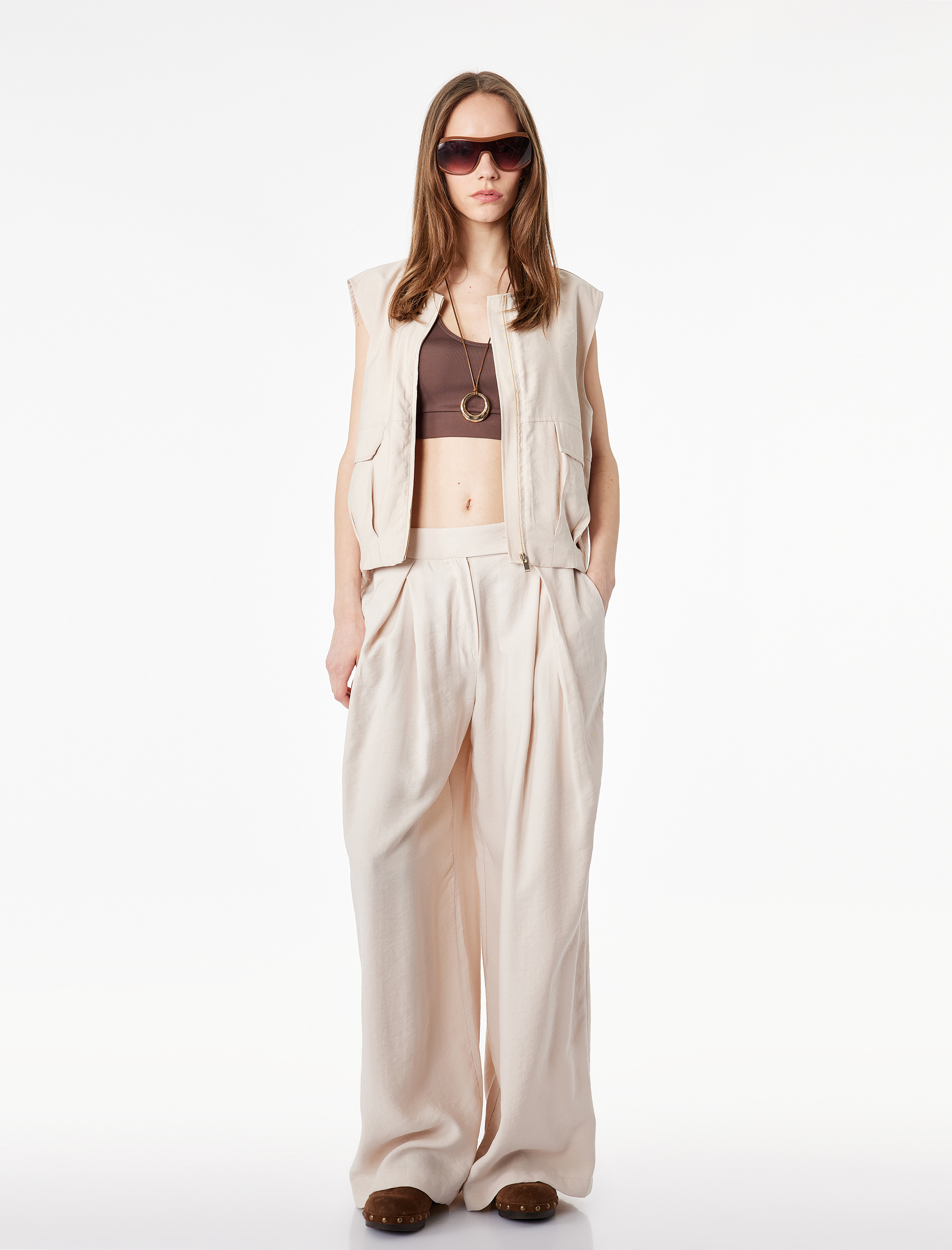   Normal Bel Modal Geniş Paça Pileli Pantolon