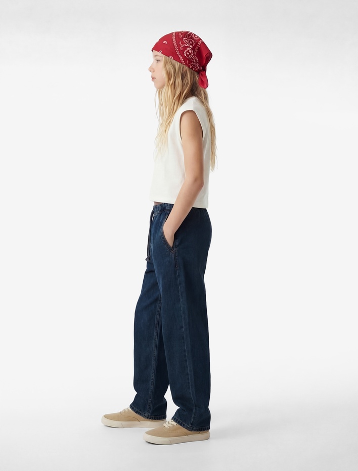 Kız Çocuk Pamuklu Beli Bağcıklı Geniş Paça Denim Pantolon