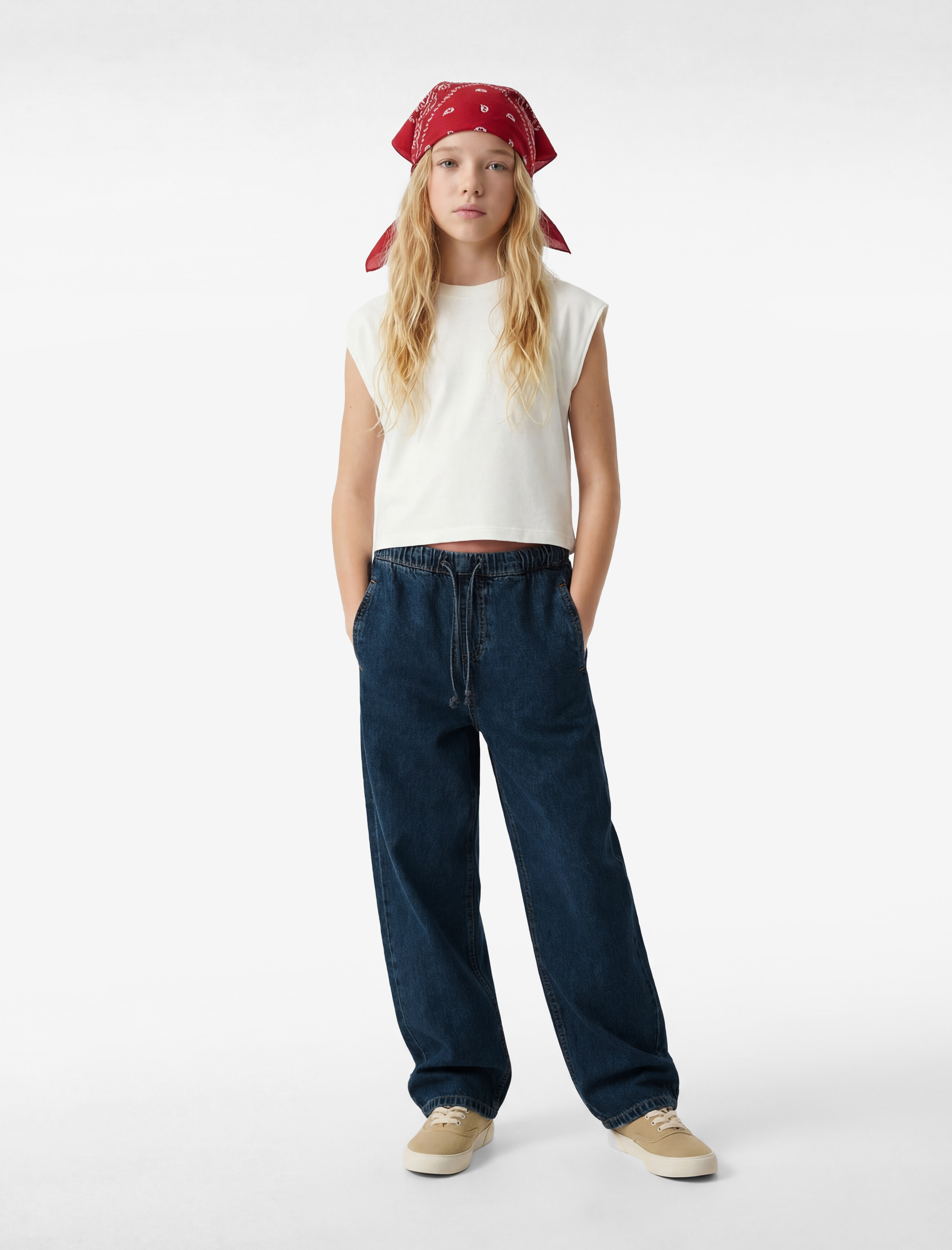 Pamuklu Beli Bağcıklı Geniş Paça Denim Pantolon - Görsel 2