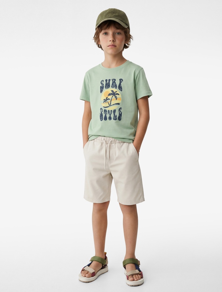 Erkek Çocuk Pamuklu Kısa Kollu Bisiklet Yaka Baskılı Tişört