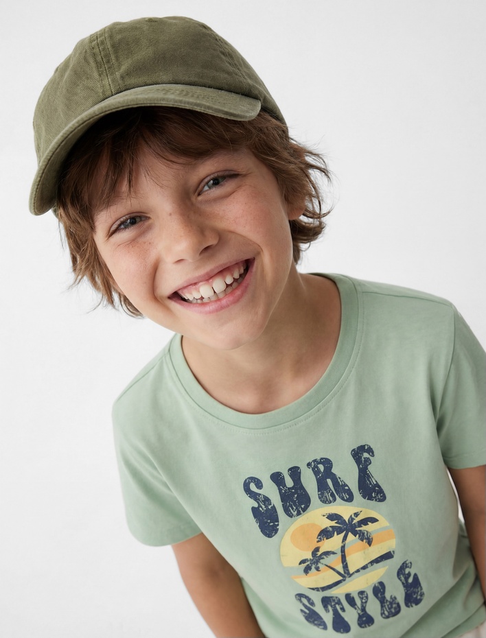 Erkek Çocuk Pamuklu Kısa Kollu Bisiklet Yaka Baskılı Tişört