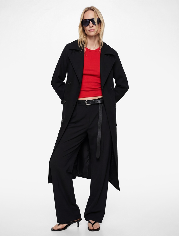  Uzun Kollu Düğmeli Cepli Kruvaze Kemerli Gabardin Trençkot