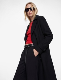 Uzun Kollu Düğmeli Cepli Kruvaze Kemerli Gabardin Trençkot