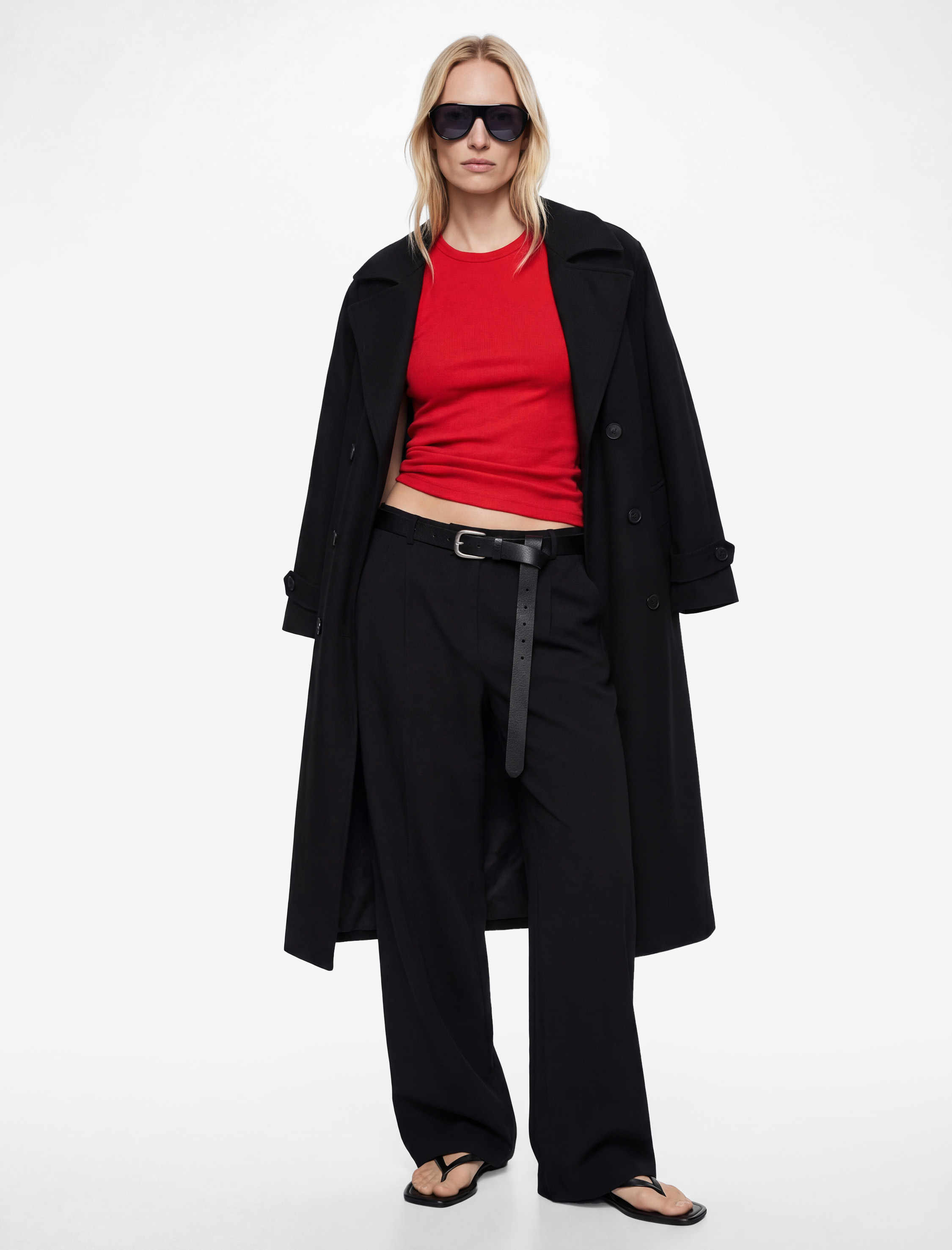   Uzun Kollu Düğmeli Cepli Kruvaze Kemerli Gabardin Trençkot