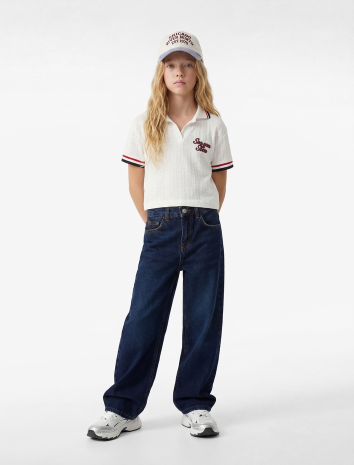 Kız Çocuk Pamuklu Kanat İşleme Detaylı Geniş Paça Denim Pantolon